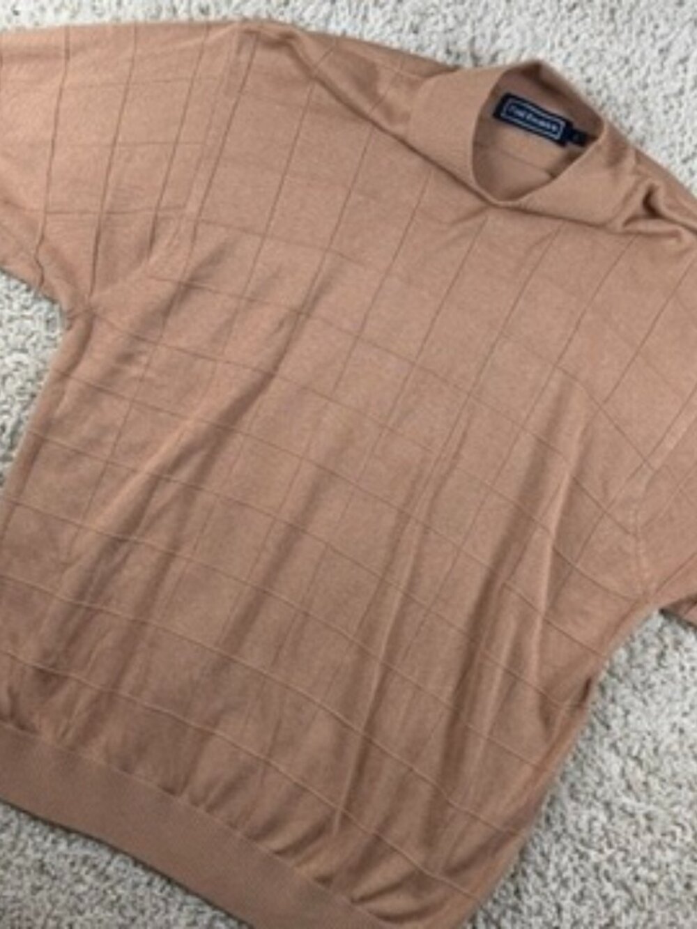 Paul Fredrick Men's Large Camel Windowpane Knit Short Sleeve Sweater Pullover